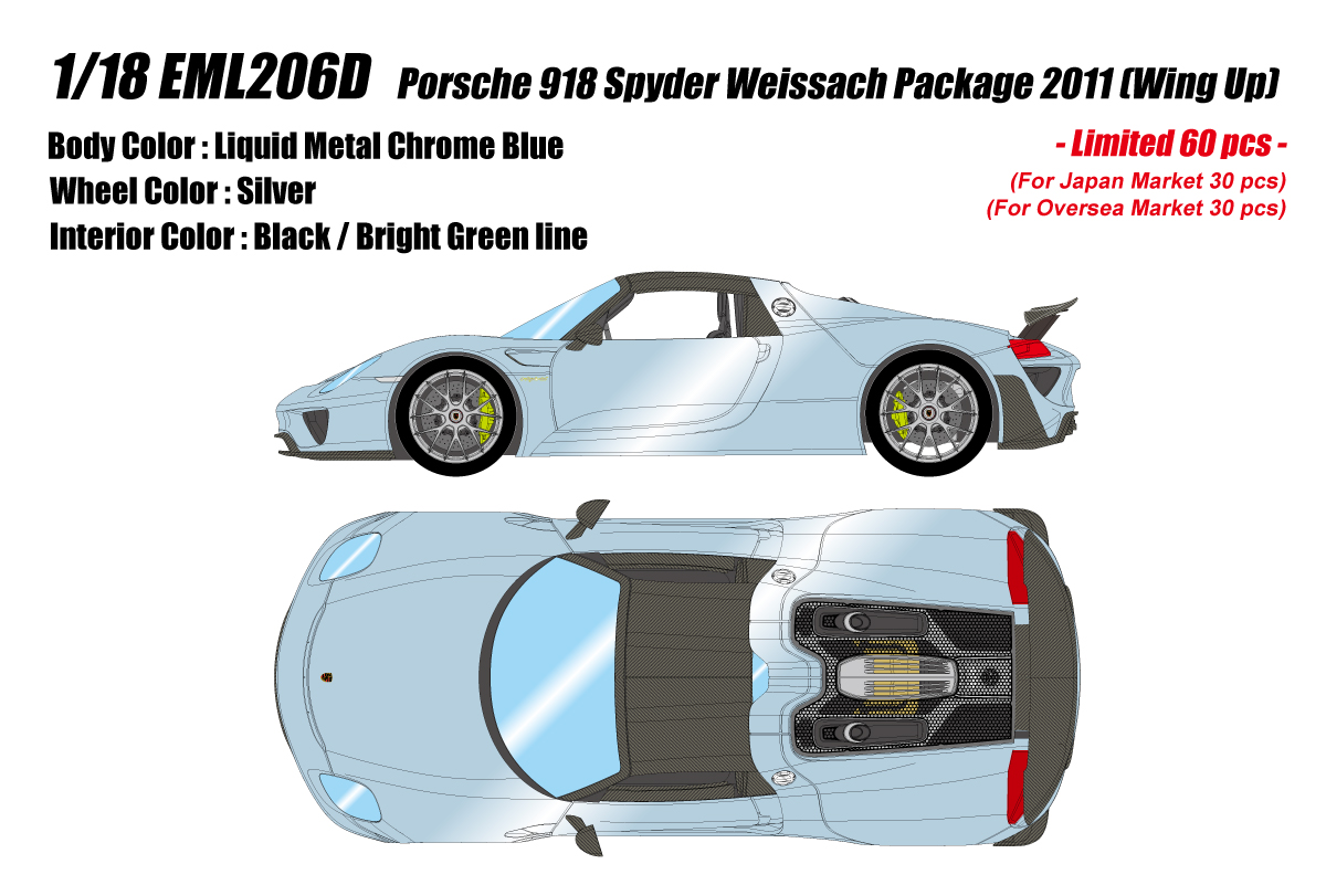 EML206D Make Up Porsche 918 Spyder Weissach Package 2011 Wing Up Liquid Metal Chrome Blue 1:18
