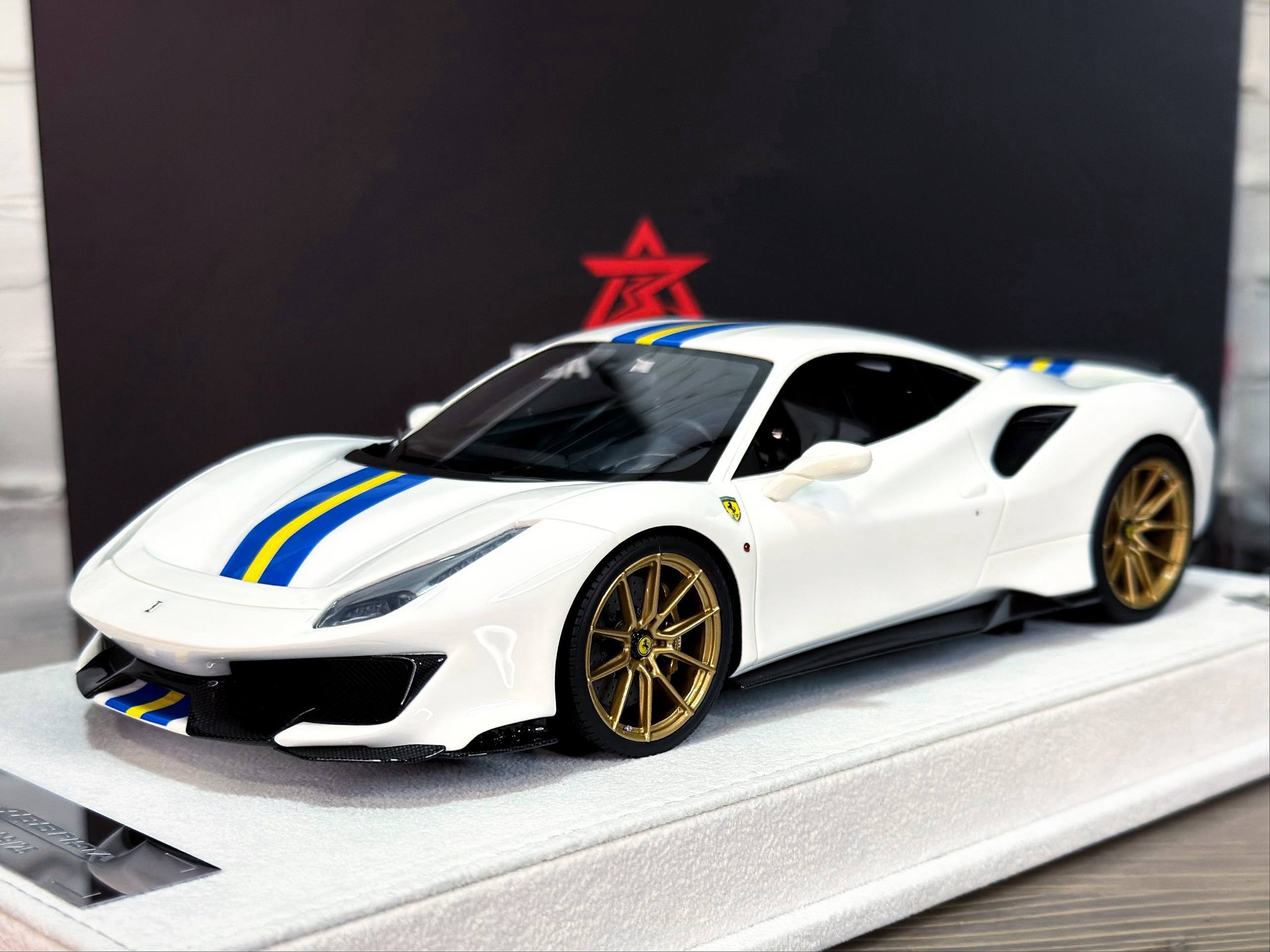 BBA Model Ferrari 488 Pista White/Yellow Blue Racing Stripes 1:18