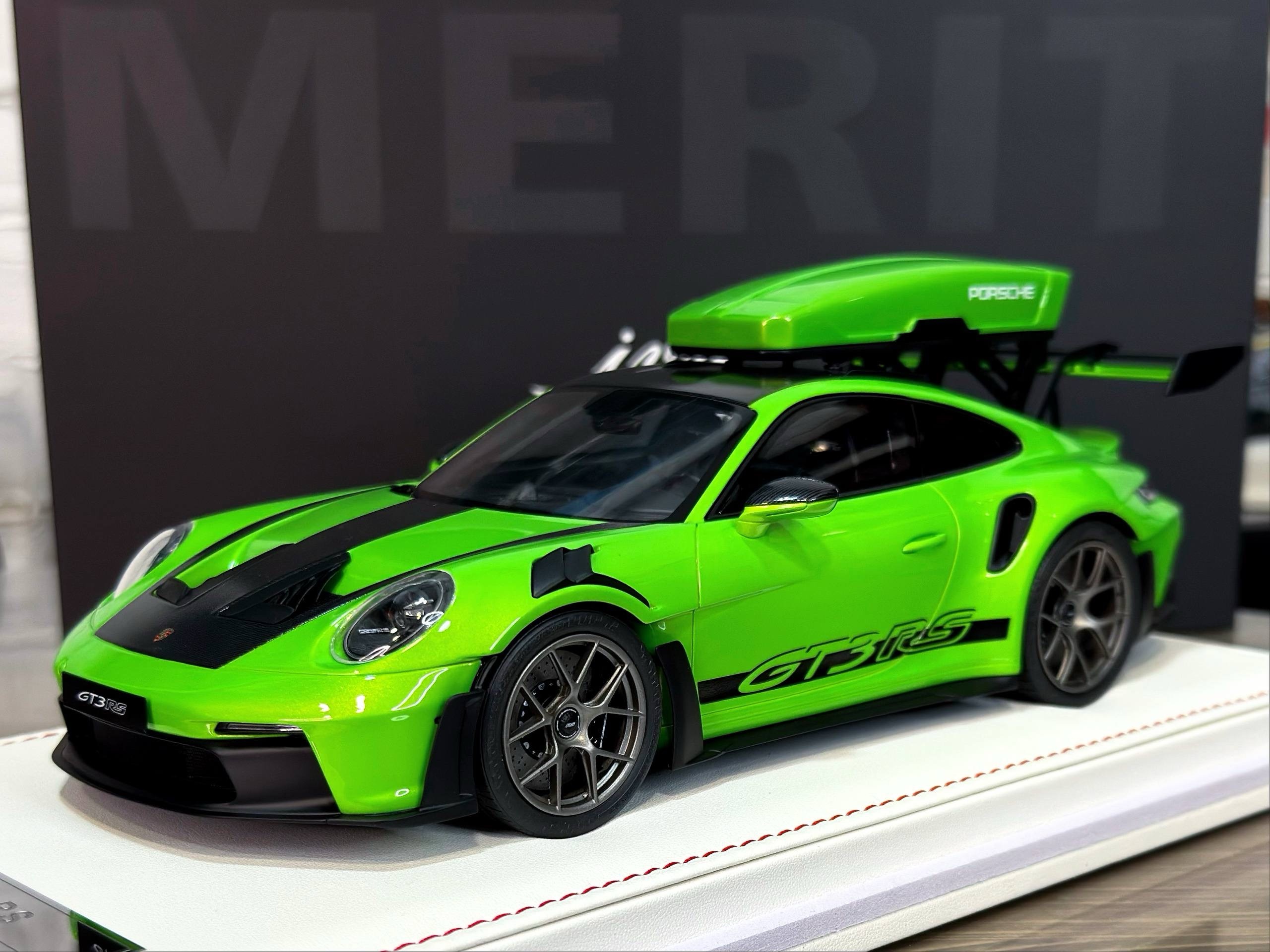 AB628 IVY Merit Porsche 911 (992) GT3 RS Luggage Acid Green/Black Livery with Gun Metal Wheels 1:18
