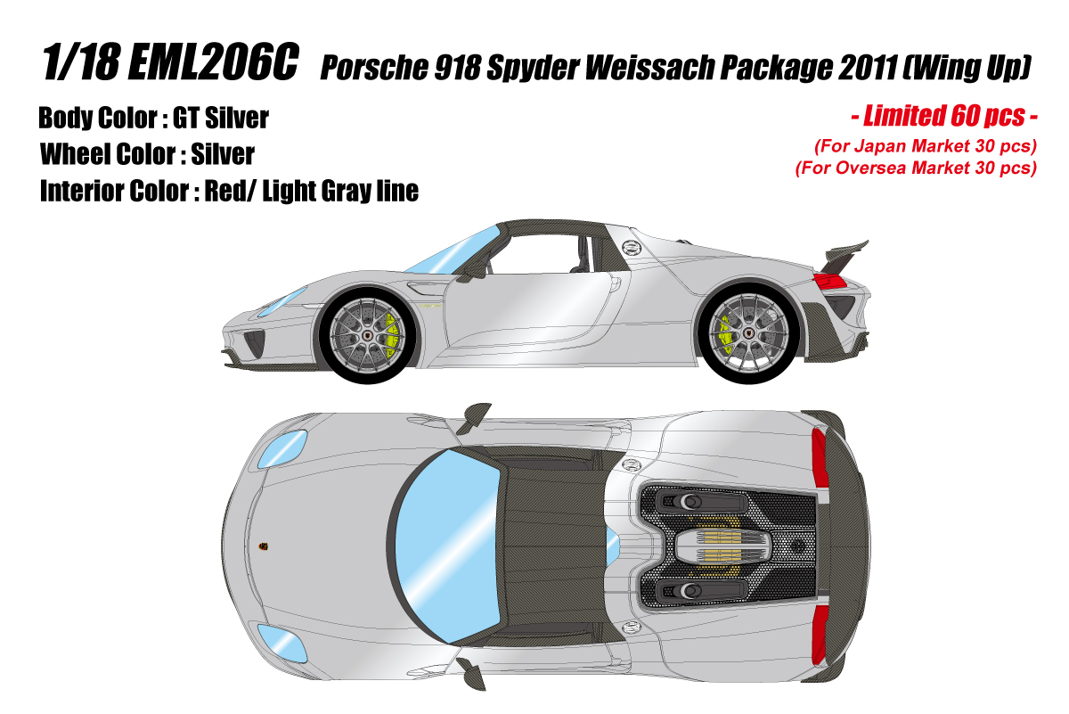 EML206C Make Up Porsche 918 Spyder Weissach Package 2011 Wing Up GT Silver 1:18